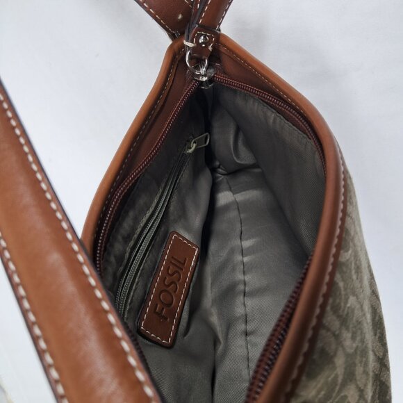 Vtg Fossil Brown Green Signature Jacquard Fabric Leather Trim Shoulder Demi Bag - Picture 9 of 14